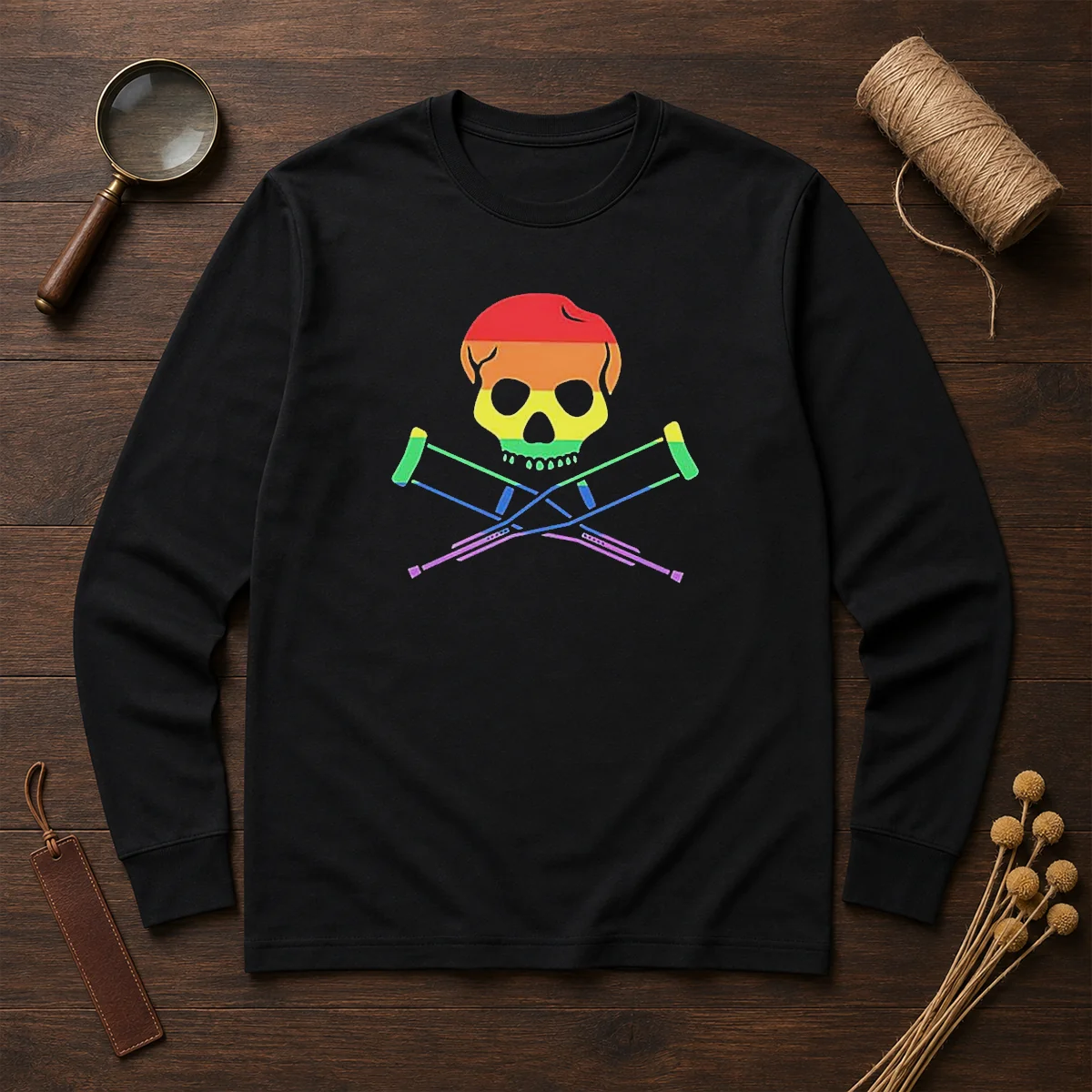 Original Rainbow Skull And Crutches Pride Symbol Disability Awareness Long Sleeve Shirt with vibrant colors on a comfortable cotton fabric