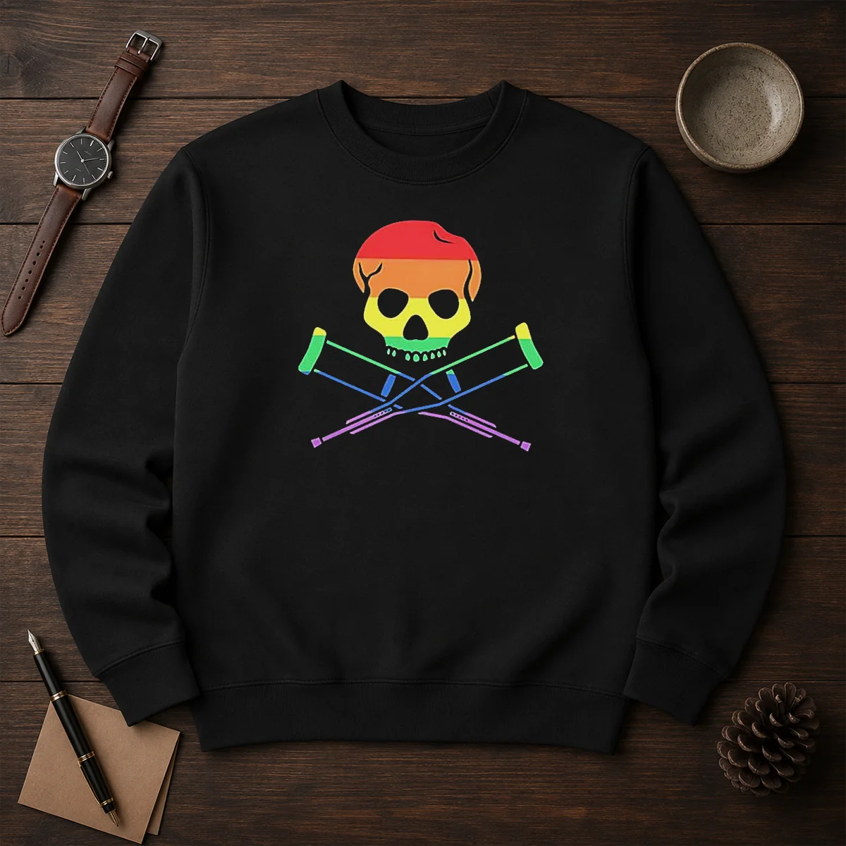 Original Rainbow Skull And Crutches Pride Symbol Disability Awareness Sweater