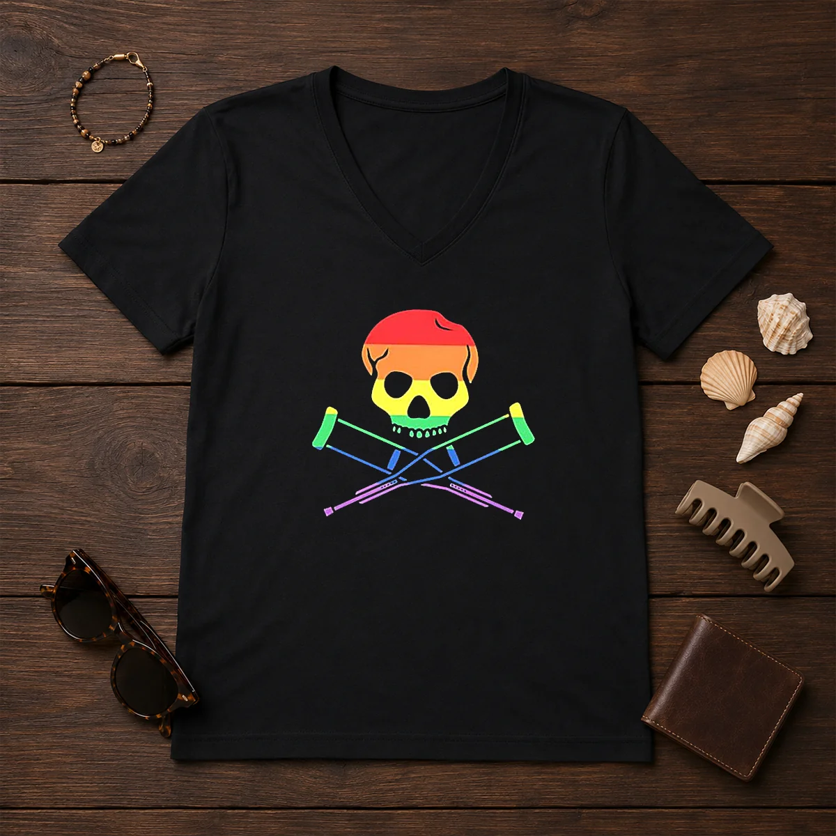 Original Rainbow Skull And Crutches Pride V-Neck Shirt Original Rainbow Skull And Crutches Pride V-Neck Shirt