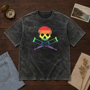 Original Rainbow Skull And Crutches Pride Symbol Disability Awareness Washed T-Shirt