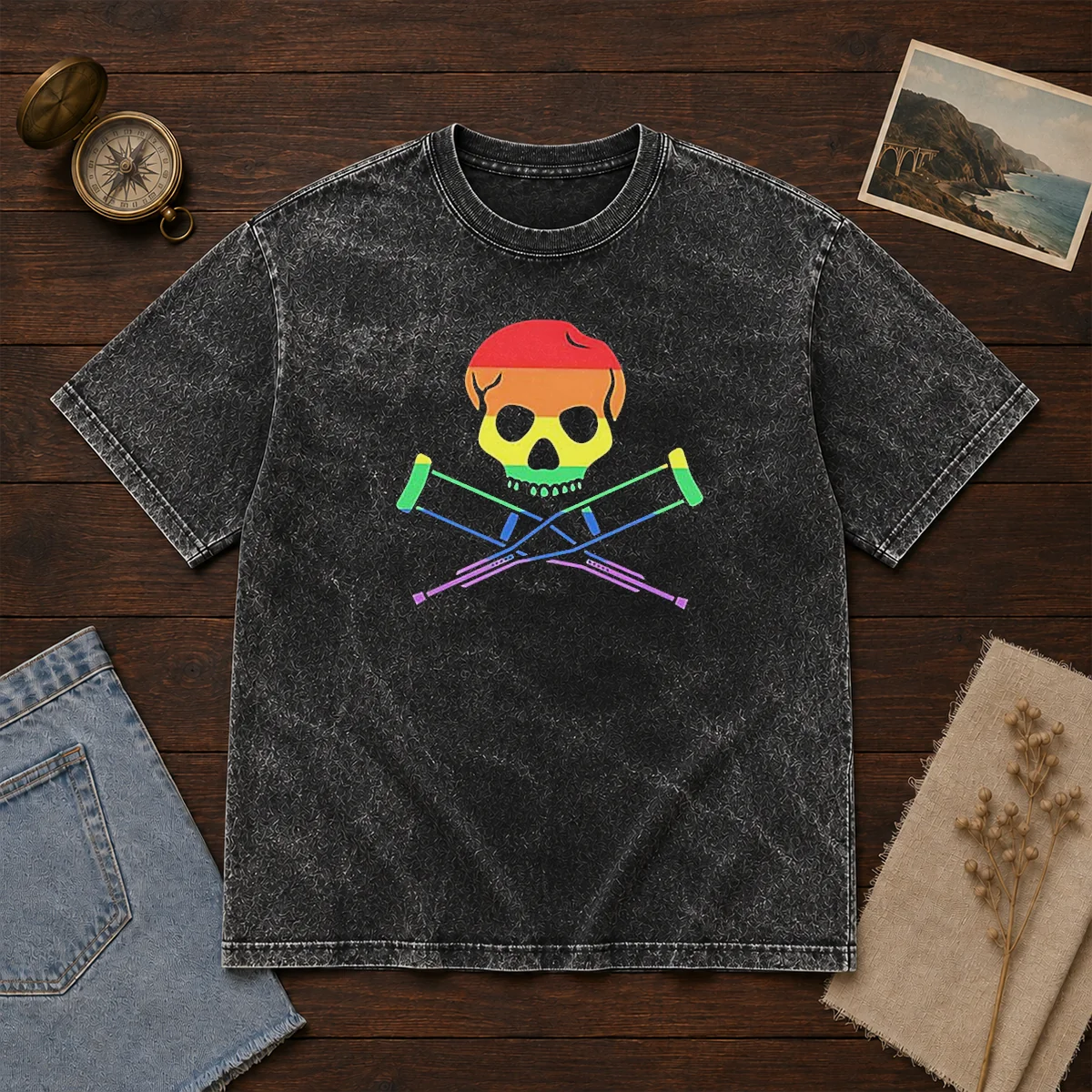 Original Rainbow Skull And Crutches Pride Symbol Disability Awareness Washed T-Shirt