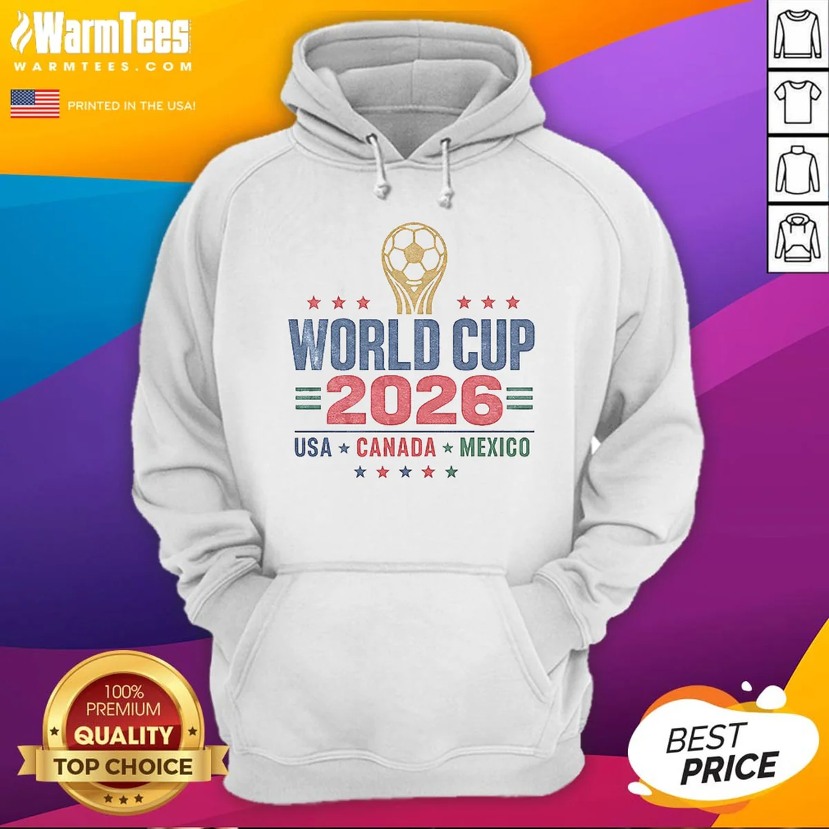 Original Vintage 2026 World Cup USA Canada Mexico Soccer Hoodie in black with front pocket and drawstring hood