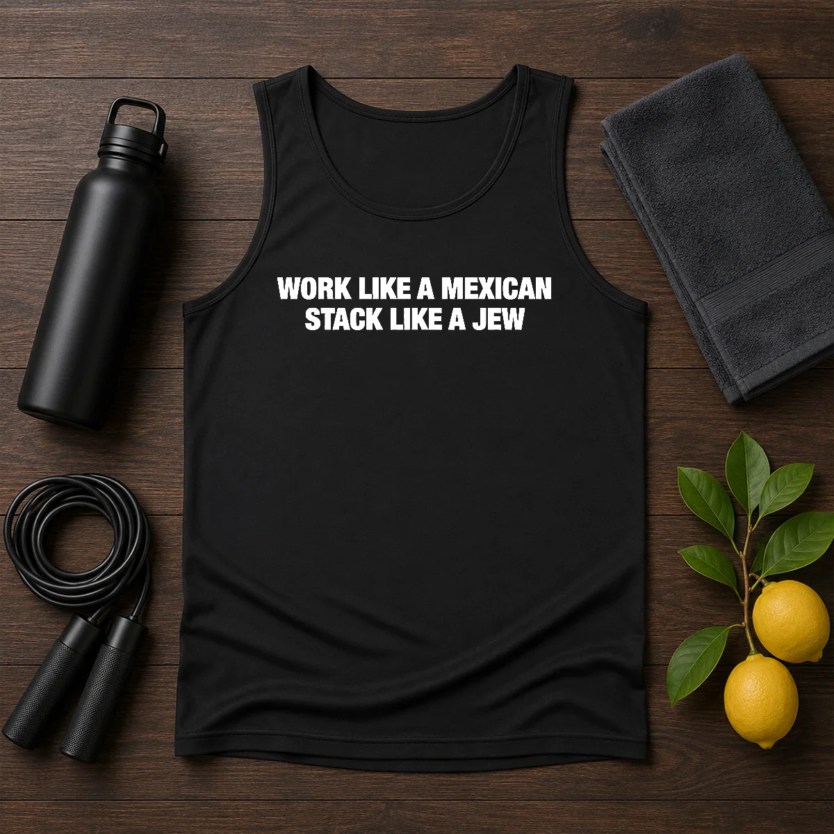 Original Work Like A Mexican Stack Like A Jew Text tank top in white, sleeveless casual garment with bold black text