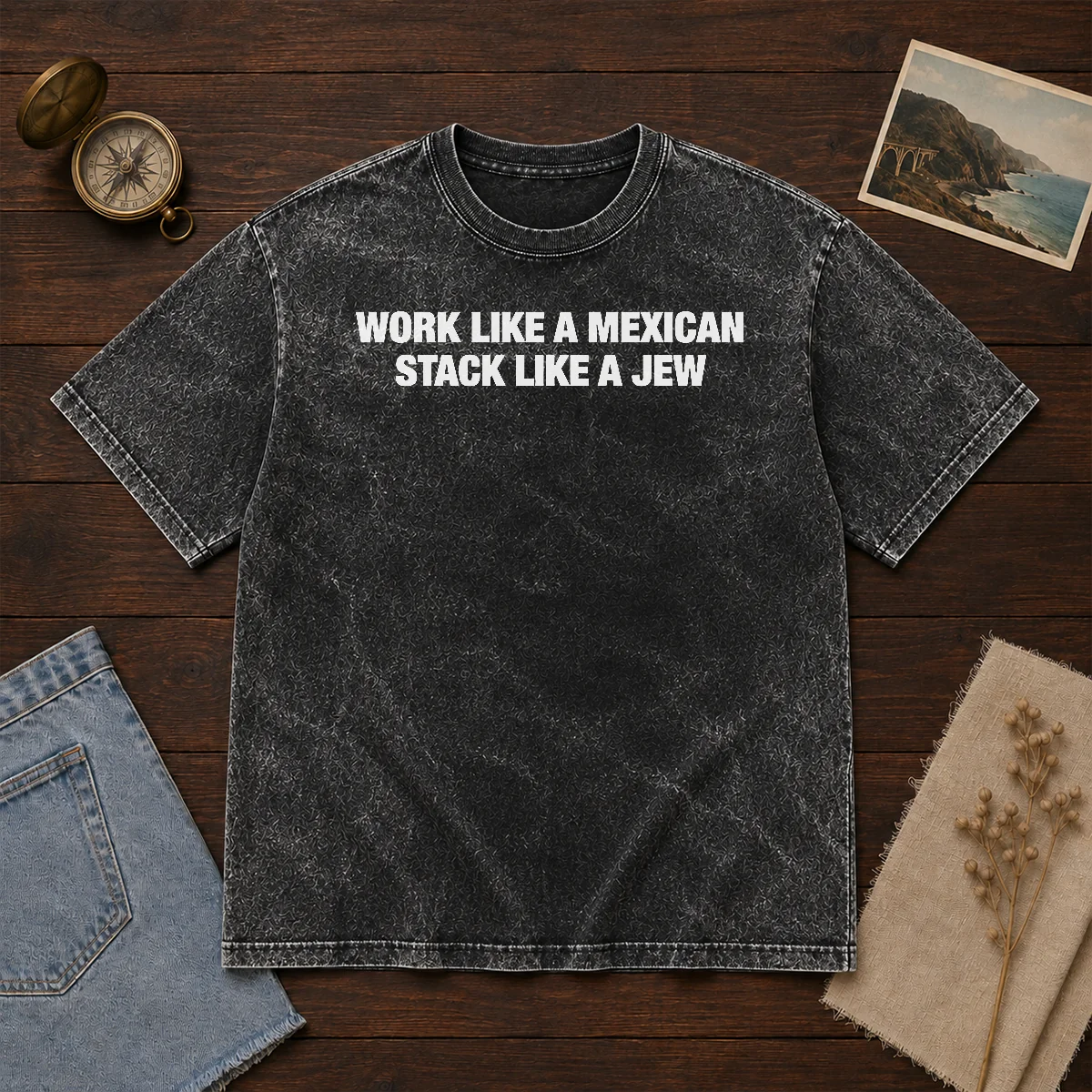 Original Work Like A Mexican Stack Like A Jew Text printed on a soft washed cotton t shirt in light gray