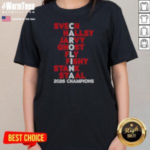Premium Svech Hallsy Jarvy Ghost Fly Fishy Stank Staal 2026 Champions NHL ladies tee in black with bold graphic print
