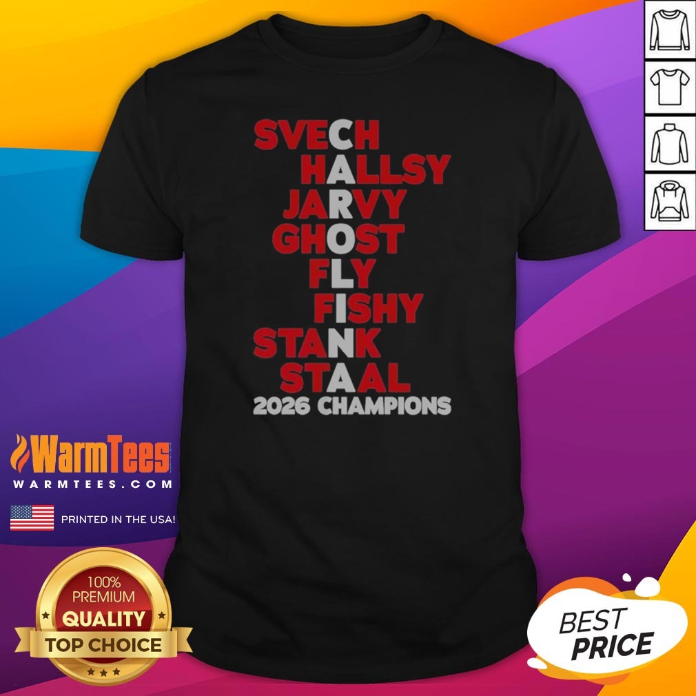 Premium Svech Hallsy Jarvy Ghost Fly Fishy Stank Staal 2026 Champions NHL Shirt on Tank Top Premium Svech Hallsy Jarvy Ghost Fly Fishy Stank Staal 2026 Champions NHL Shirt shown as a tank top preview
