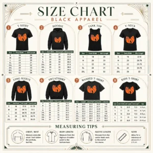 Size chart for Premium Wu Tang Clan X New York Knicks Logo with measurements in inches and cm