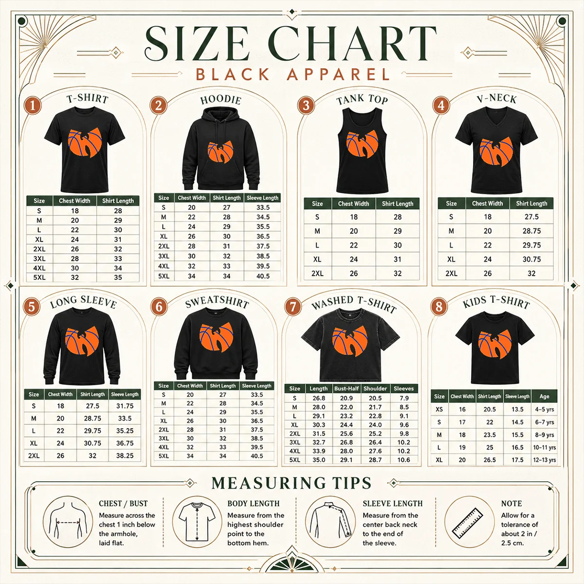 Premium Wu Tang Clan X New York Knicks Logo Size Chart Size chart for Premium Wu Tang Clan X New York Knicks Logo with measurements in inches and cm