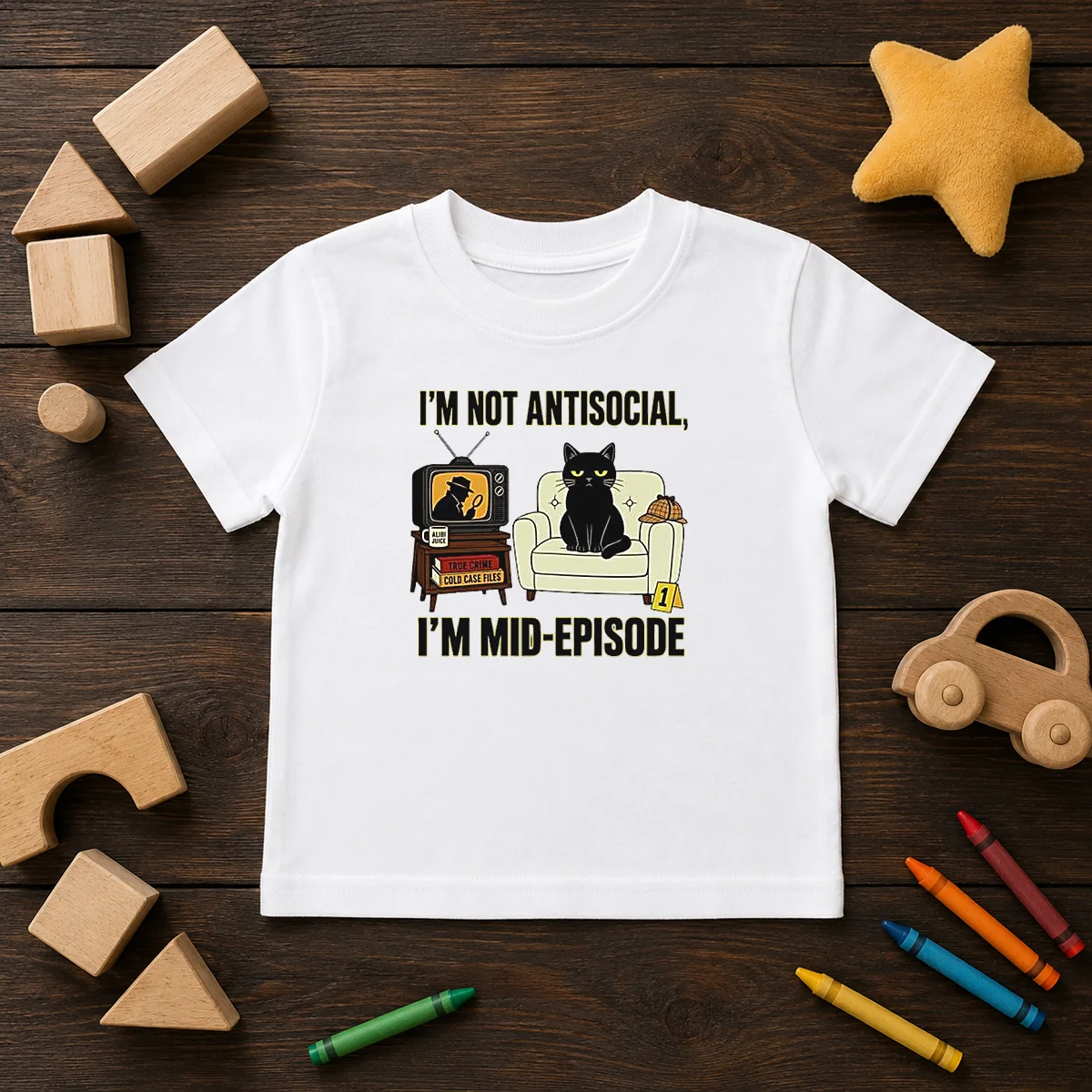 Pretty I Am Not Antisocial I Am Mid Episode Black Cat True Crime Mystery Lover Kids T-Shirt
