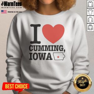 Pretty I Heart Cumming Iowa sweatshirt in soft fabric with vibrant red heart graphic