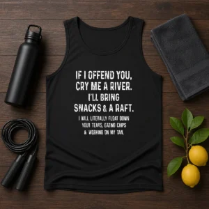 Pretty If I Offend You Cry Me A River Snacks And A Raft tank top featuring bold graphic text on a sleeveless casual top