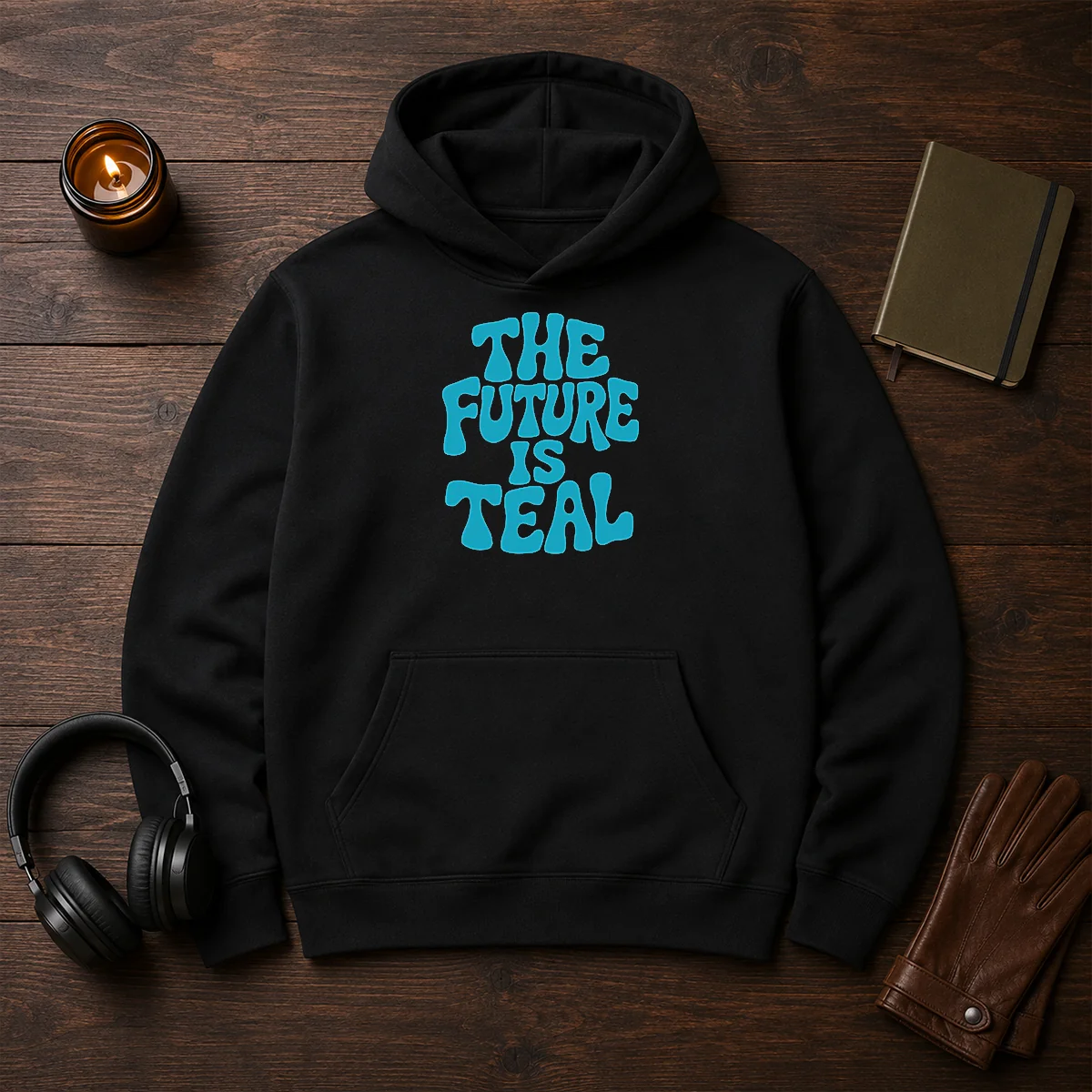 Pretty The Future Is Teal Hoodie in teal color with front pocket and adjustable hood