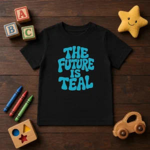 Pretty The Future Is Teal Kids T Shirt in bright teal color with bold white text design, short sleeves and crew neck
