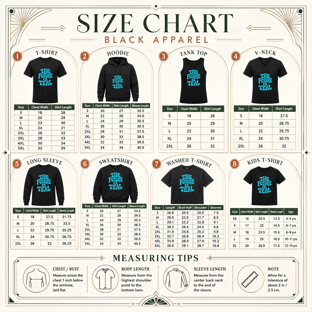 Pretty The Future Is Teal Size Chart Size chart for Pretty The Future Is Teal showing measurements in inches and centimeters