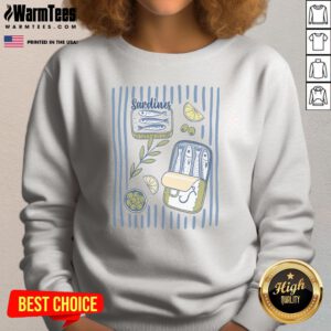 Sardines Tin Coastal Mediterranean Seafood sweatshirt featuring a vibrant seafood graphic