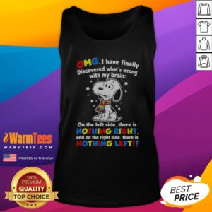 Snoopy Peanuts OMG I Have Finally Discovered What Is Wrong With My Brain tank top featuring a playful graphic design.