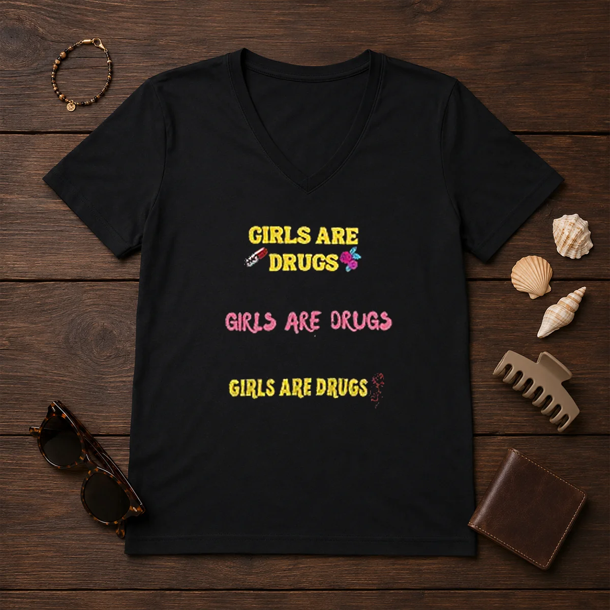 Top Girls Are Drugs Sticker Set V-Neck Shirt Top Girls Are Drugs Sticker Set V-Neck Shirt