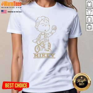 Top Mikey Goonies Character On BMX Bike Riding With Coin Illustration ladies tee featuring vibrant artwork