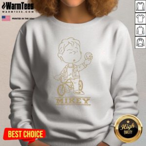 Top Mikey Goonies Character On BMX Bike Riding With Coin Illustration sweatshirt displayed in a vibrant setting.