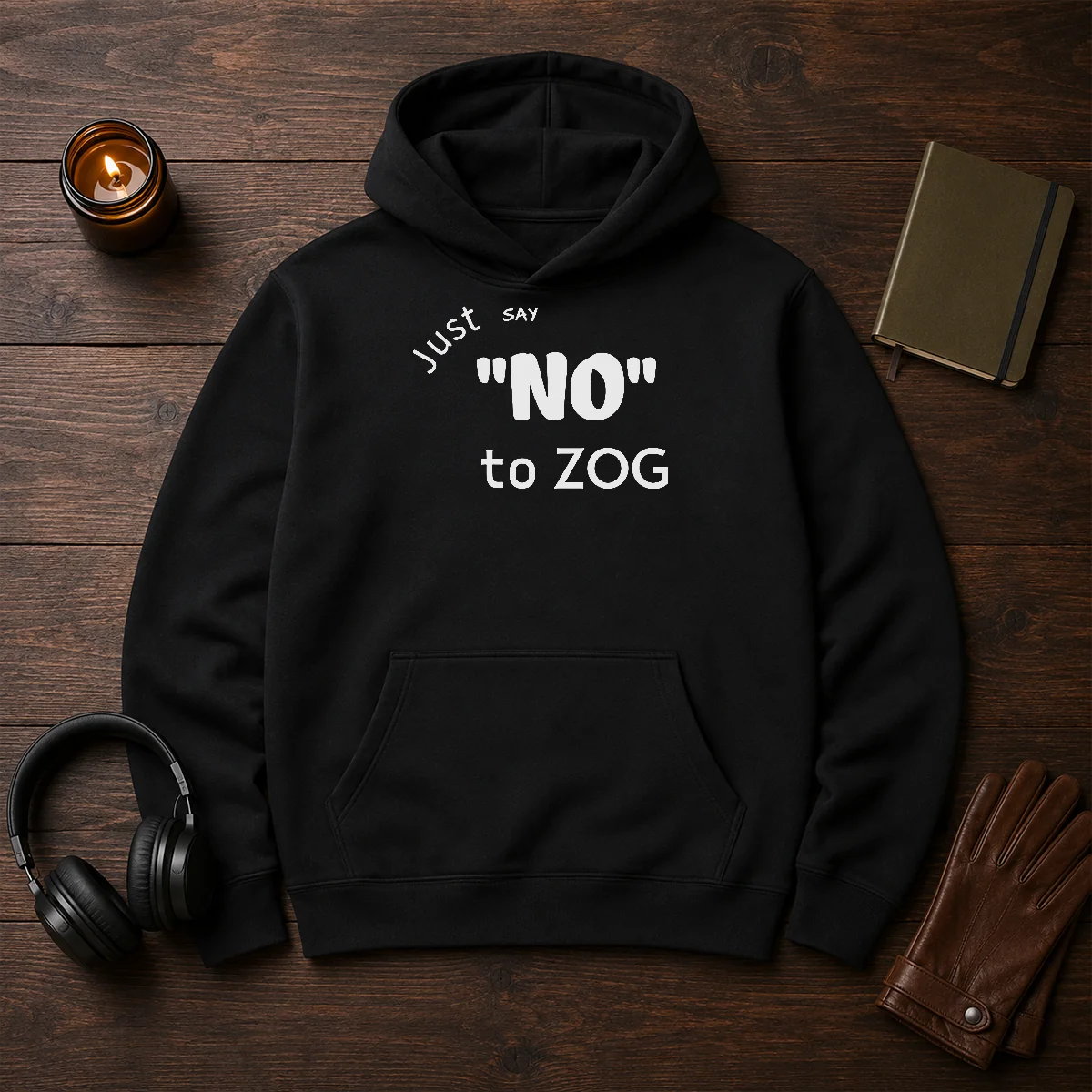 Top Randy Weaver Just Say No To Zog Hoodie in black, front view with kangaroo pocket and drawstring hood
