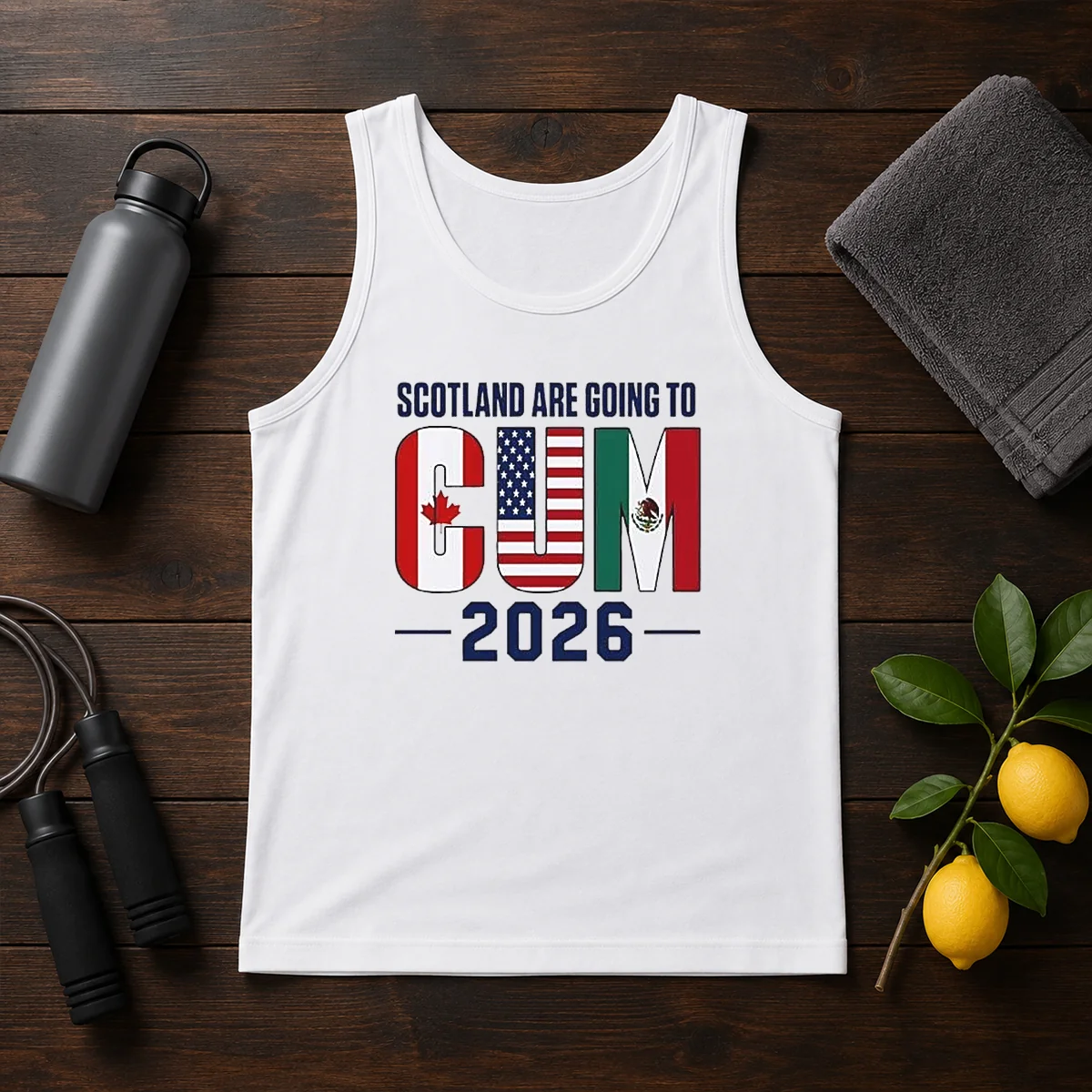 Top Scotland Are Going To Cum 2026 Soccer tank top in blue with white and red print, sleeveless athletic fit