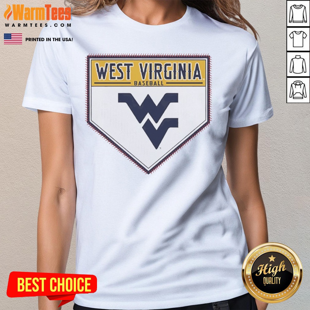 Top West Virginia Baseball Mountaineers Home Plate Logo Shirt on Ladies Shirt Top West Virginia Baseball Mountaineers Home Plate Logo Shirt shown as a ladies shirt preview
