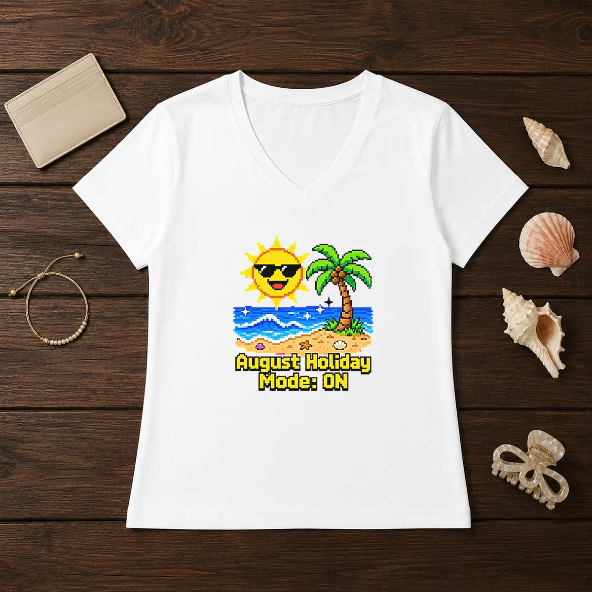 Awesome August Holiday Pixel Vacation Mode V-Neck Shirt Awesome August Holiday Pixel Vacation Mode V-Neck Shirt
