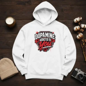 Awesome Dopamine Addicted To You Streetwear Typography Hoodie in black, front view with bold white text design