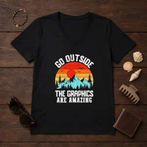 Awesome Go Outside The Graphics Are Amazing Retro Mountain Sunset V-Neck Shirt