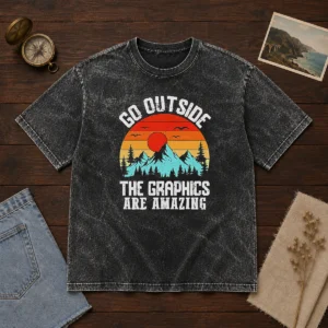Awesome Go Outside The Graphics Are Amazing Retro Mountain Sunset Washed T Shirt featuring vibrant retro mountain sunset design on soft washed fabric