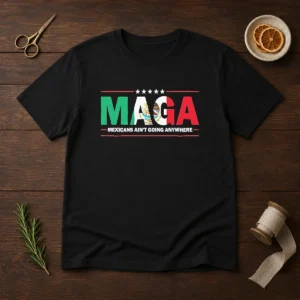 Awesome MAGA Mexicans Ain'T Going Anywhere Mexican Flag Parody t shirt in black, front view