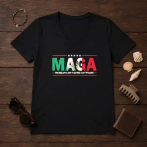 Awesome MAGA Mexicans Ain'T Going Anywhere Mexican Flag Parody V neck shirt in white showing front graphic design clearly