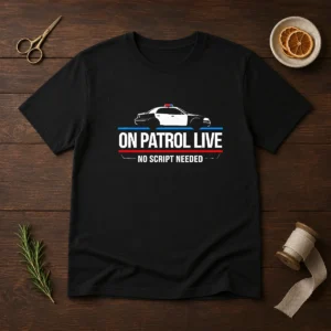 Awesome On Patrol Live Apparel Police Car No Script Needed t shirt front view in black cotton fabric