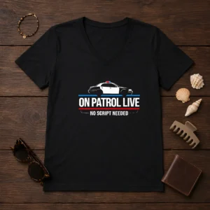 Awesome On Patrol Live Apparel Police Car No Script Needed V Neck Shirt in dark color with bold text design