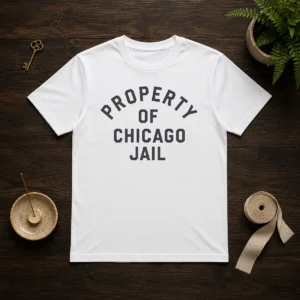Awesome Property Of Chicago Jail Prison Funny Novelty t shirt in classic fit, black color, displayed on a plain white background