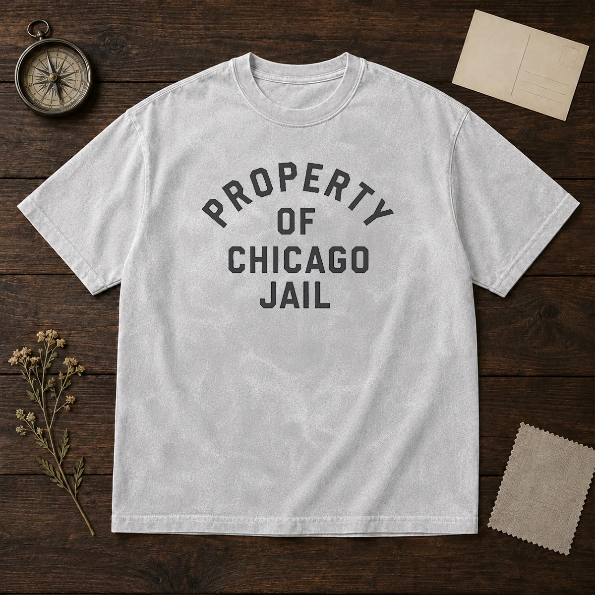 Awesome Property Of Chicago Jail Prison Funny Novelty Washed T Shirt showing front design on a soft washed cotton tee