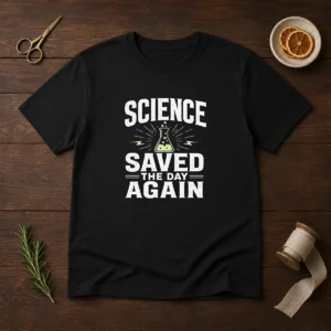Awesome Science Saved The Day Again Geek t shirt in classic fit with bold graphic print