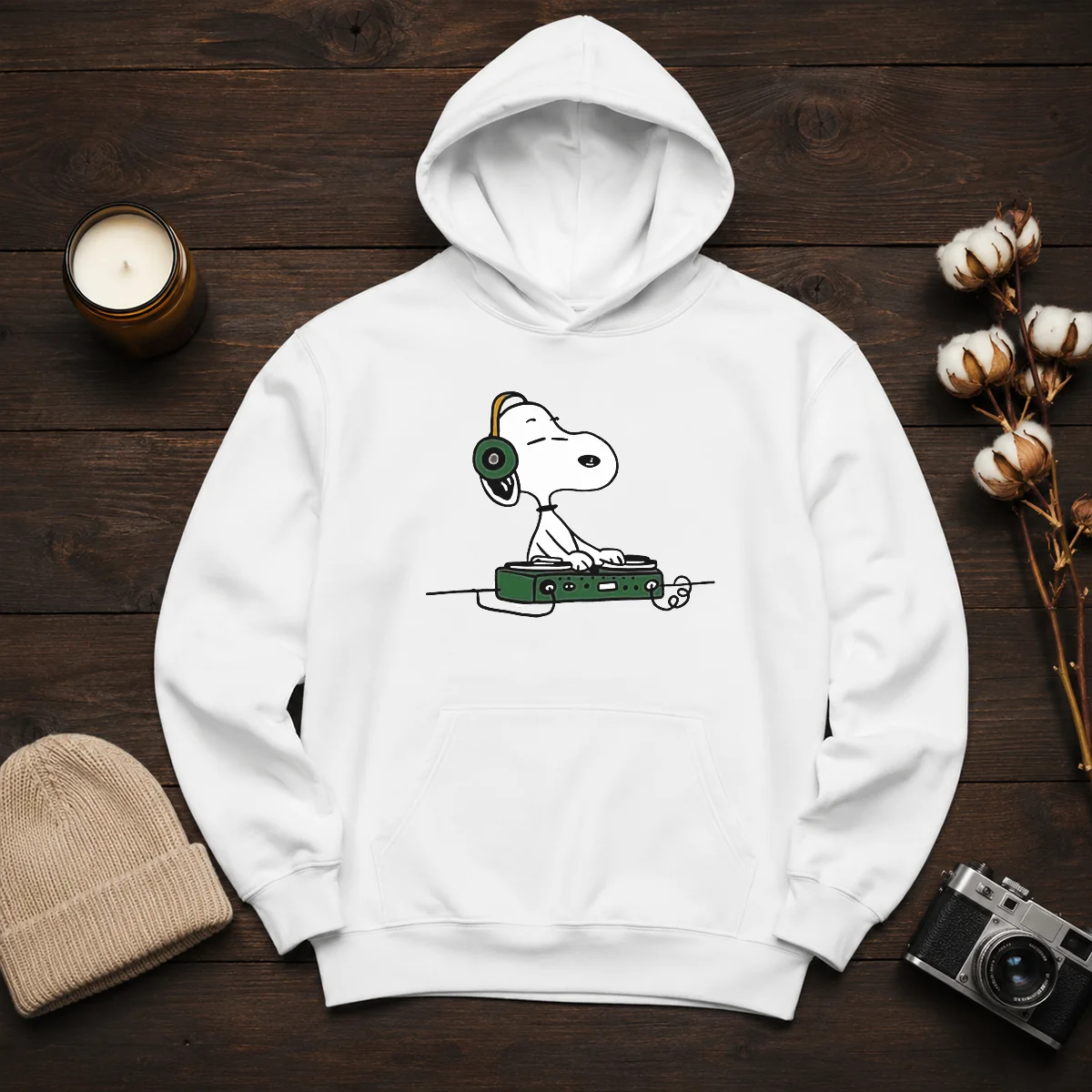 Awesome Snoopy Peanuts Playing DJ Hoodie in black with front graphic design and drawstring hood