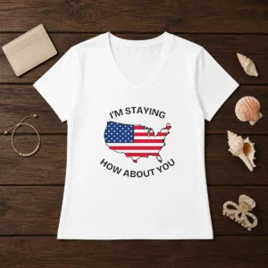 Awesome United States I'M Staying How About You Patriotic American Flag V Neck Shirt in navy blue with bold flag graphic