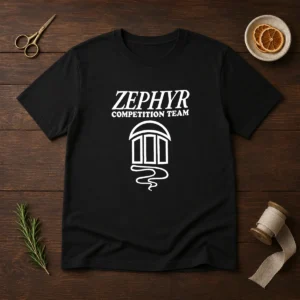 Awesome Zephyr Competition Team t shirt in black with bold white and blue logo on front