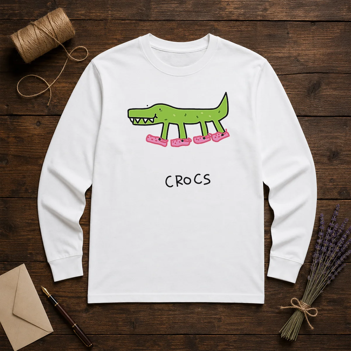 Funny Crocs Crocodile Wearing Pink Shoes Drawing Long Sleeve Shirt
