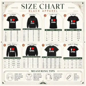 Funny I Love SMN size chart showing garment measurements in inches and centimeters