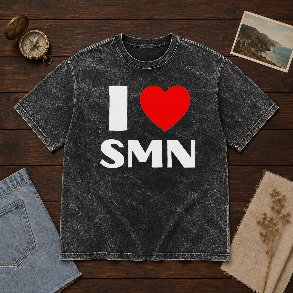 Funny I Love SMN washed t shirt in soft cotton with faded vintage look