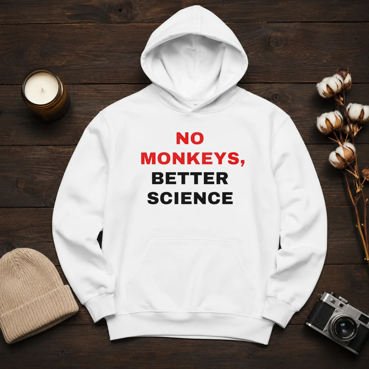 Funny Peta No Monkeys Better Science Hoodie in charcoal gray, front view with kangaroo pocket and adjustable drawstring hood