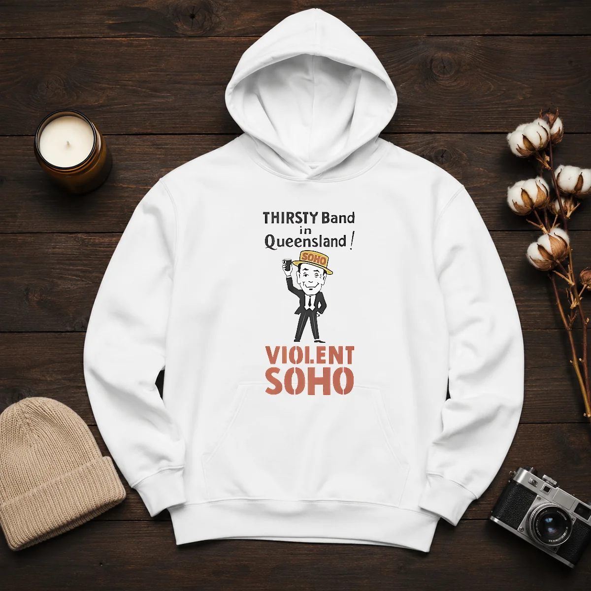 Funny Violent Soho Mr Soho Thirsty Band Queensland graphic hoodie in black with front print