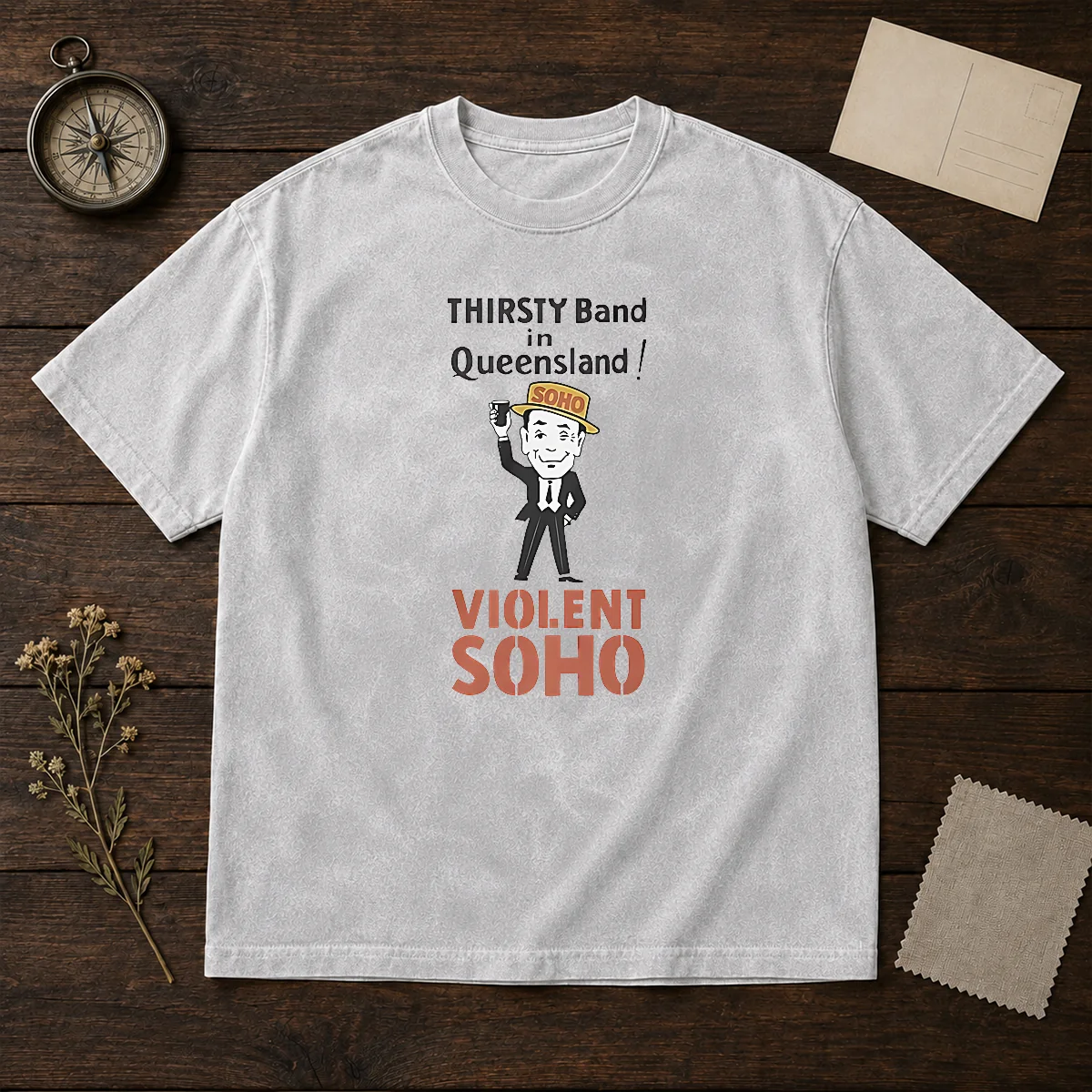 Funny Violent Soho Mr Soho Thirsty Band Queensland printed on a soft washed t shirt with a relaxed fit
