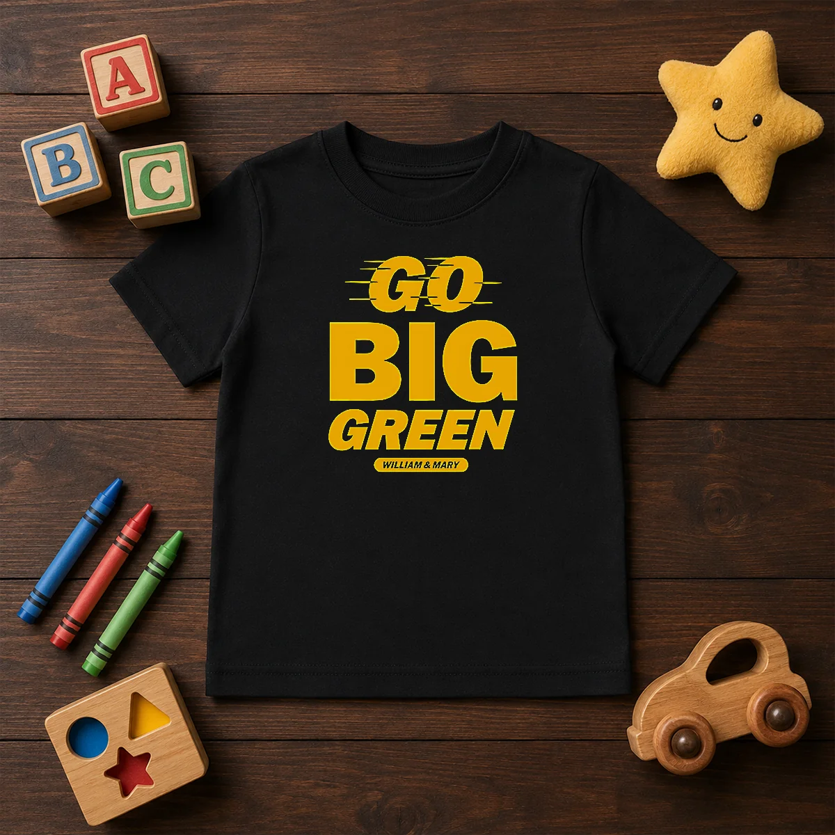 Funny William And Mary Tribe Go Big Green kids t shirt featuring vibrant green text on a comfortable cotton fabric