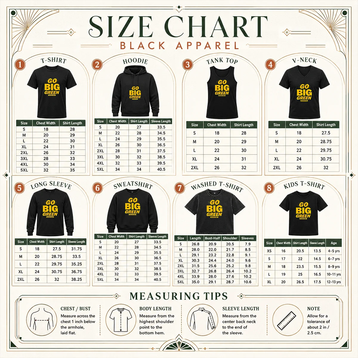 Funny William And Mary Tribe Go Big Green Size Chart Size chart for Funny William And Mary Tribe Go Big Green with measurements in inches and cm