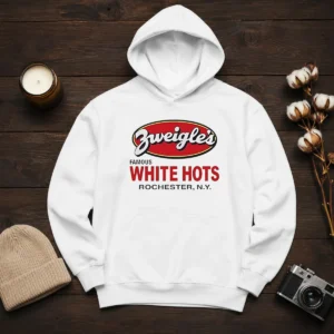 Funny Zweigle'S Famous White Hots Rochester NY Hoodie in black, featuring bold white and red graphic on front