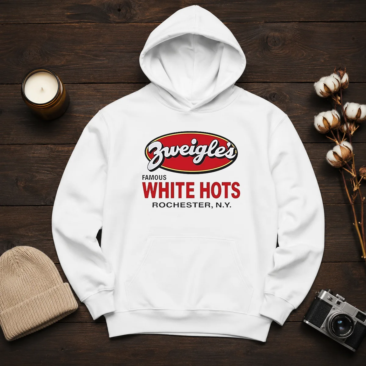 Funny Zweigle'S Famous White Hots Rochester NY Hoodie in black, featuring bold white and red graphic on front
